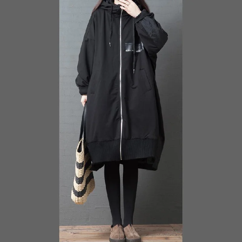 Elegant black Plus Size crane coats Sewing hooded pockets coat