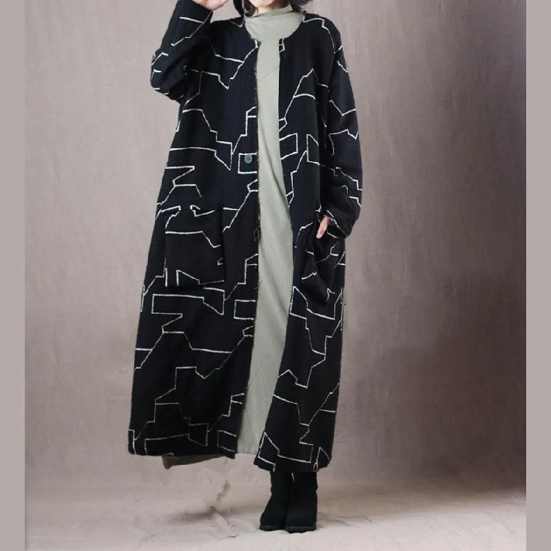 Fashion black Geometric Wool Coat plus size clothing pockets maxi coat vintage baggy wool jackets