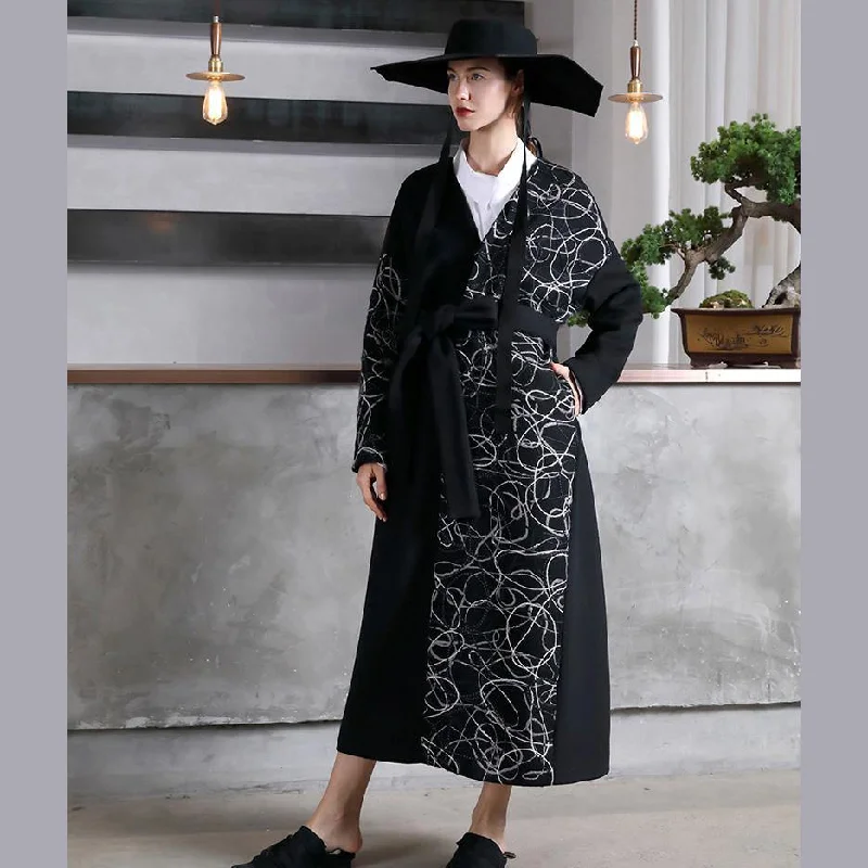 Fashion black woolen oversized long coat V neck embroidery outwear patchwork tie waist coats