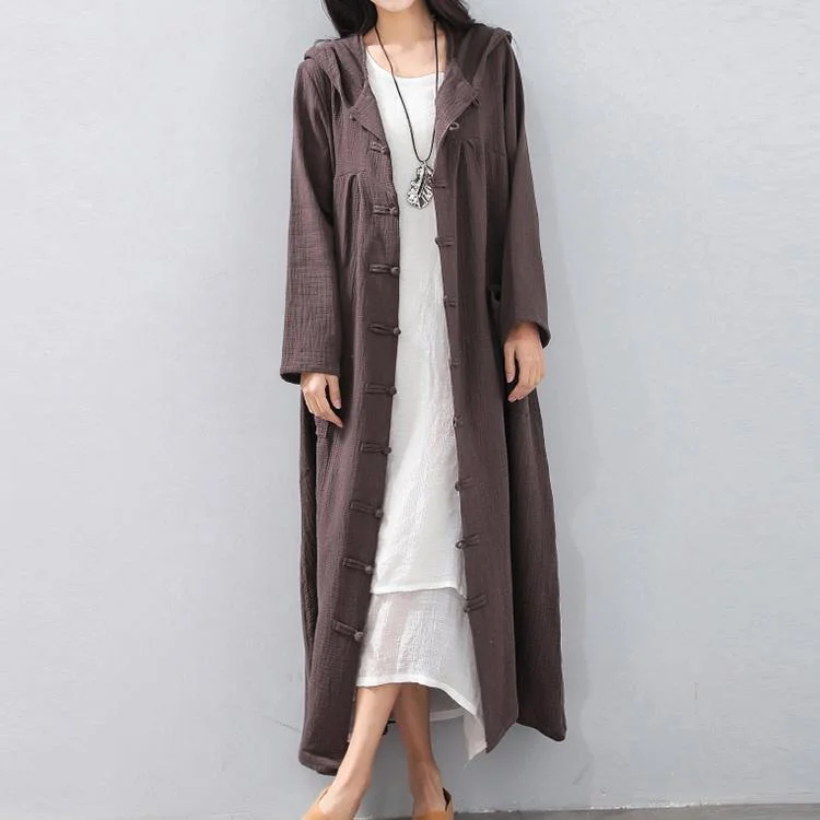 Fashion chocolate long coat Loose fitting hooded cardigans 2018 Chinese Button trench coat