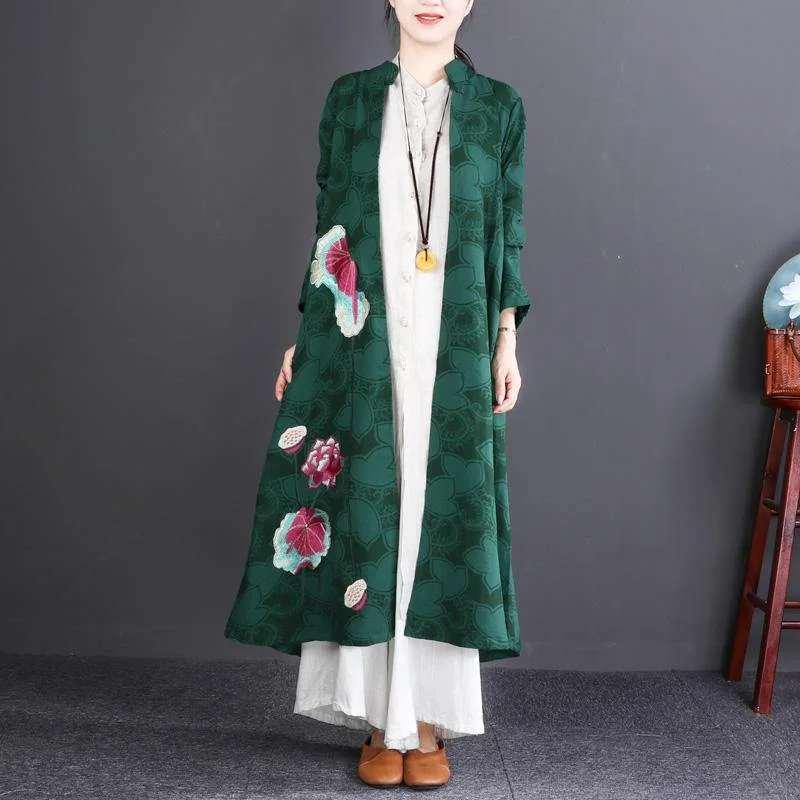 fashion green embroidery long cotton linen cardigans plus size Stand gown boutique long sleeve trench coats