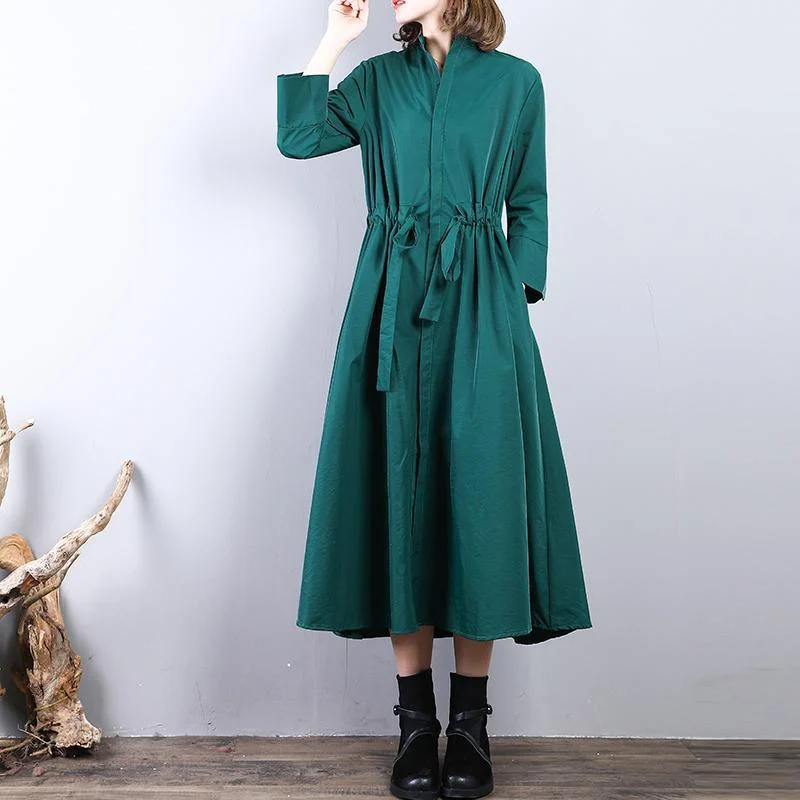 Fashion green  long coat plus size drawstring tunic Coats Fine stand collar coat