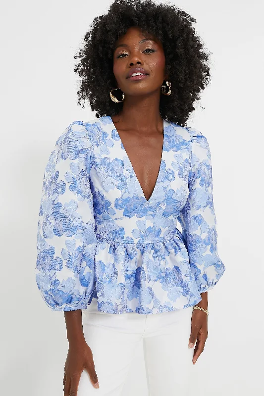 Blue Jacquard Puff Sleeve Eleanor Blouse