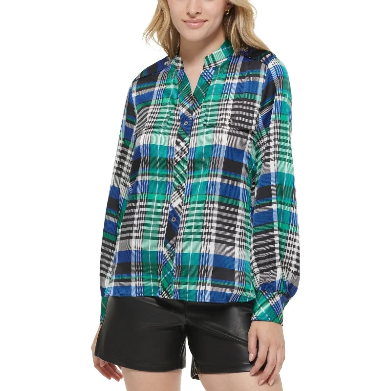 Karl Lagerfeld Paris Women's Plaid Button Down Utility Blouse Blue Size Medium