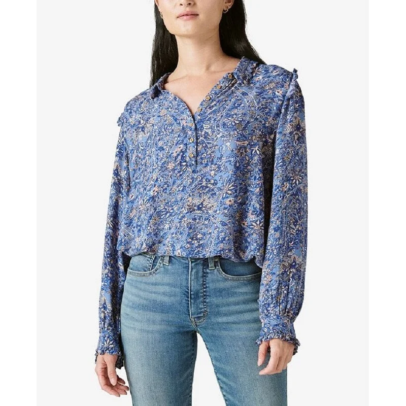 Lucky Brand Women's Paisley Ruflle Collar Blouse Blue