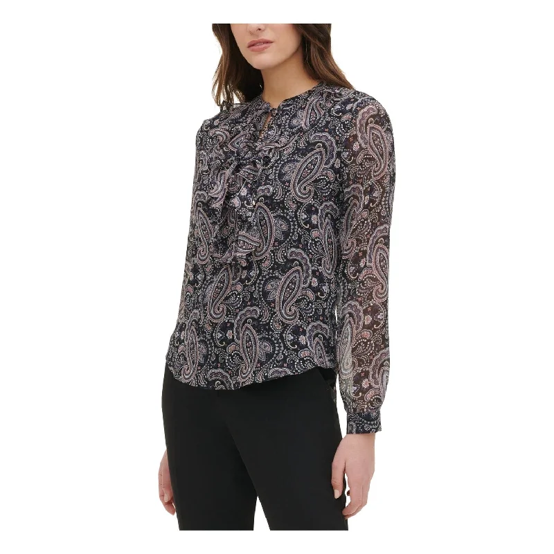 Tommy Hilfiger Women's Paisley Long Sleeve Crew Neck Blouse Black Size Small