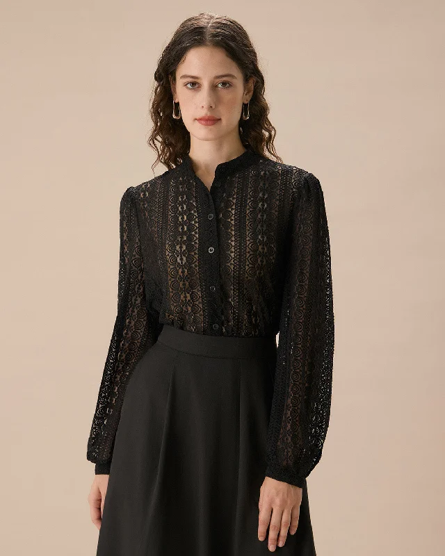 Black Lace Lantern Sleeve Blouse