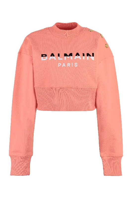 BALMAIN Cropped Coral Velvet Sweatshirt with Embellished Buttons