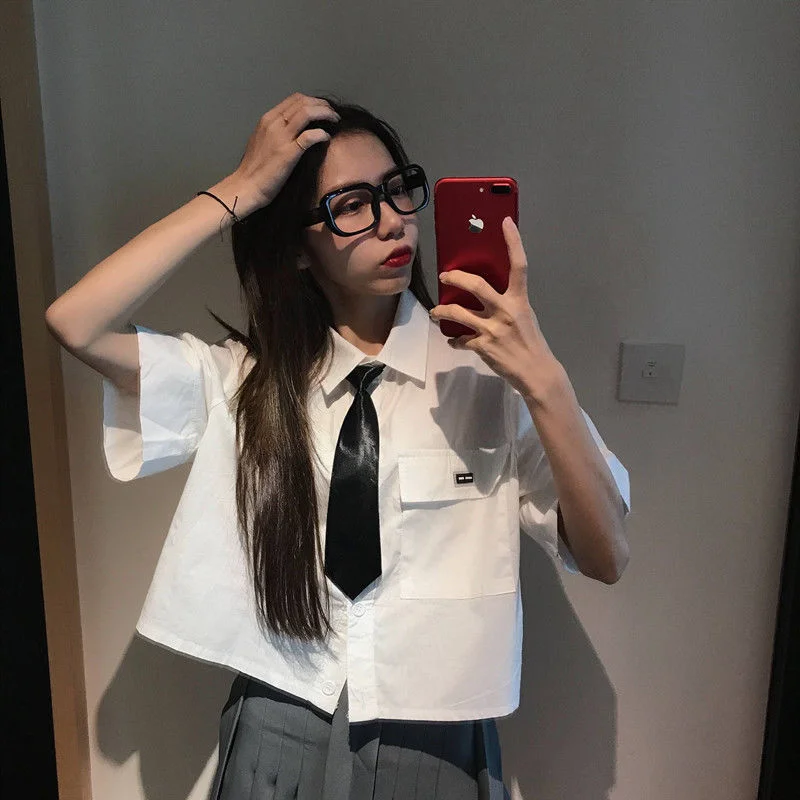 Preppy Style Women White Cropped Shirts Blouse for Girl Summer Button Up Tops Korean Fashion Clothes Short Croptop Clothing