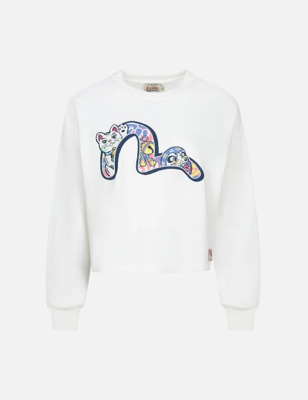 Fortune Cat Appliqué with Daruma Seagull Cropped Sweatshirt