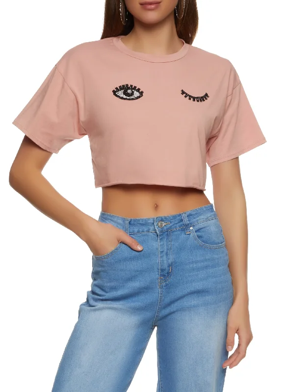 Wink Eyelash Rhinestone Cropped Graphic Tee