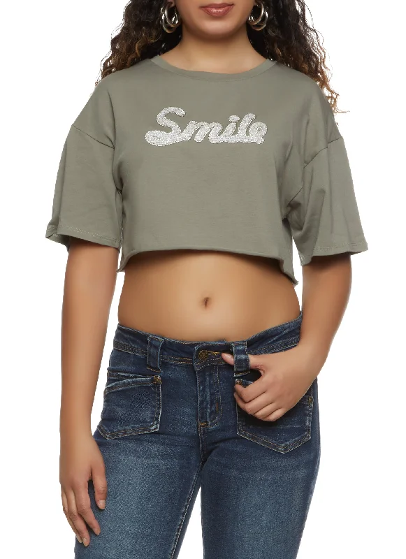 Smile Rhinestone Cropped Graphic Tee