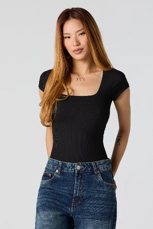 Ribbed Square Neck Short Sleeve Bodysuit