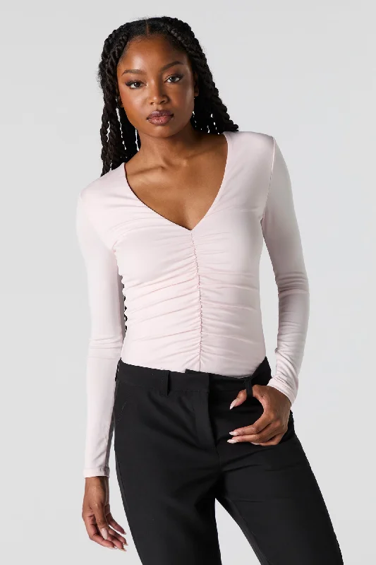 Contour Ruched V-Neck Long Sleeve Bodysuit