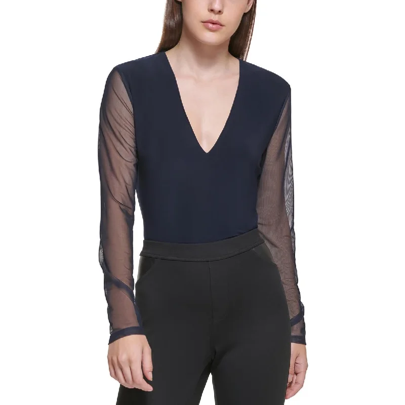 DKNY Womens Sheer Sleeve V-Neck Bodysuit