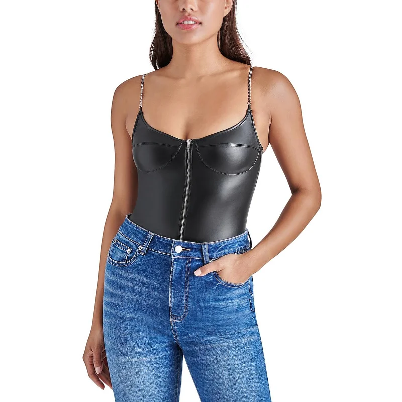 Steve Madden Womens Haven Faux Leather Chain Straps Bodysuit