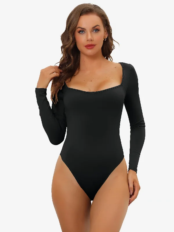 Long Sleeve Shapewear Slim Fit Stretchy Square Neck Leotard Bodysuit