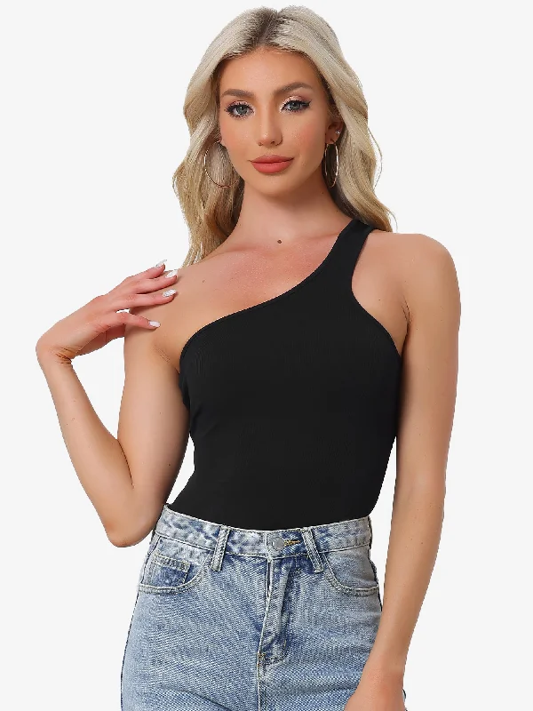 One Shoulder Sleeveless Backless Slimming Thong Bodysuit