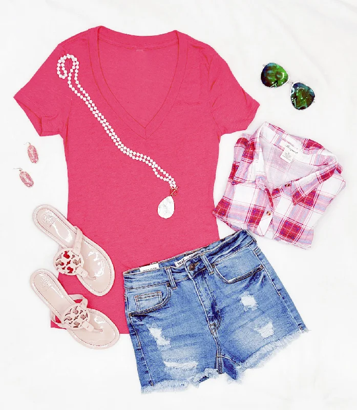 BASIC SHORT SLEEVE DEEP V TEE - H PINK