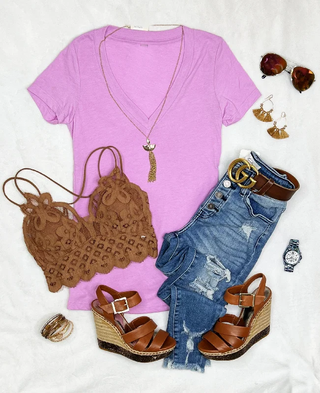 BASIC SHORT SLEEVE DEEP V TEE - LILAC