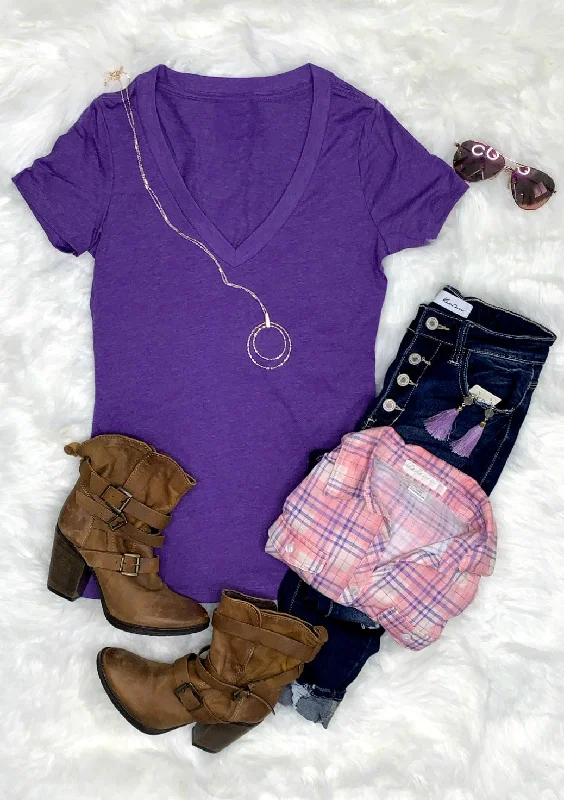 BASIC SHORT SLEEVE DEEP V TEE - PURPLE