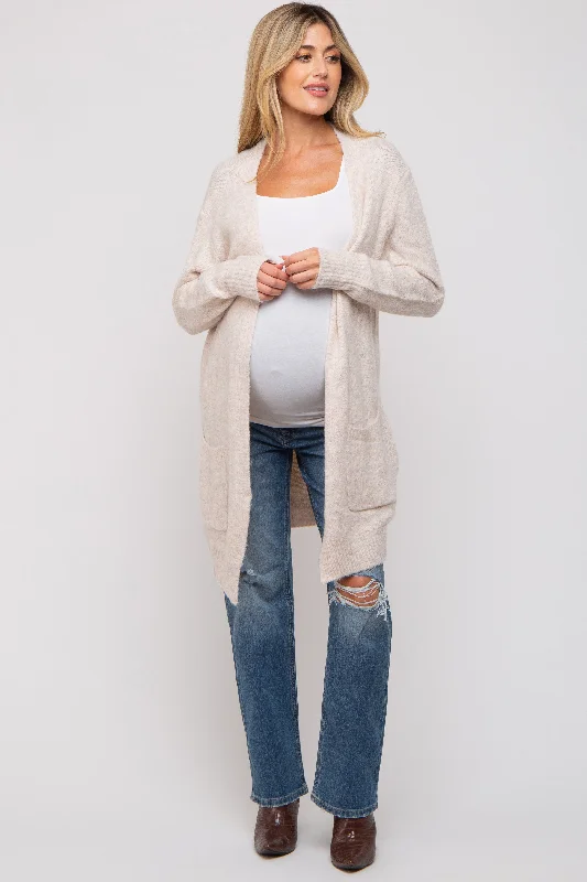 Beige Basic Knit Maternity Cardigan