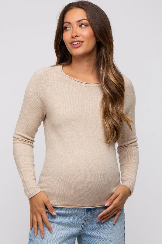 Beige Basic Raglan Sleeve Maternity Sweater Top