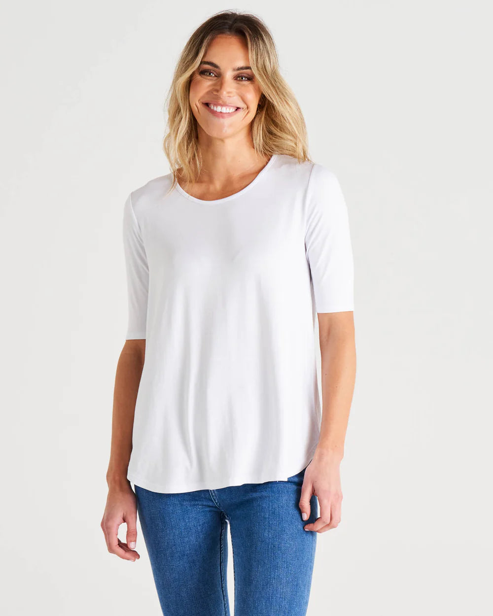 Maya Scoop Neck 3/4 Sleeve Stretchy Basic Tee - White