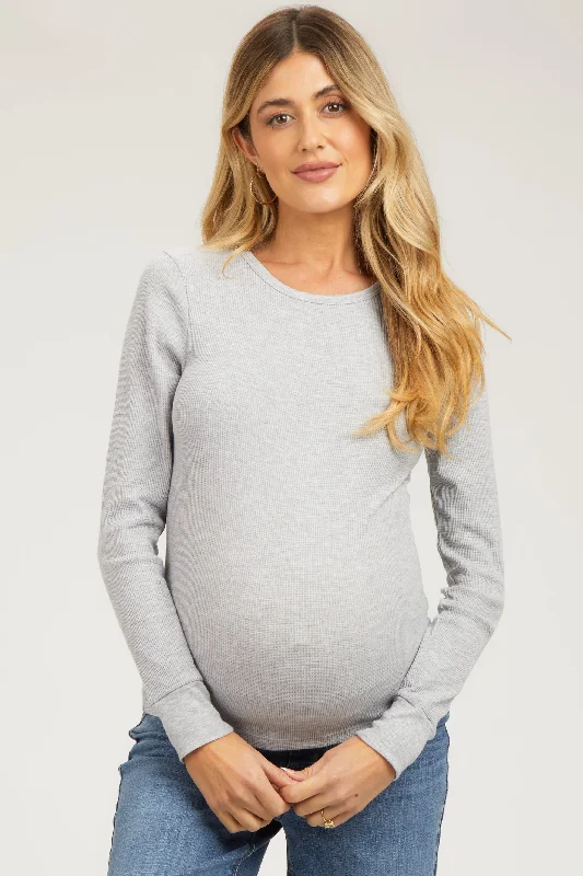 Heather Grey Waffle Knit Basic Long Sleeve Maternity Top