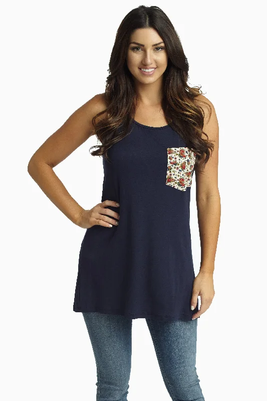 Navy Blue Basic Floral Pocket Tank Top