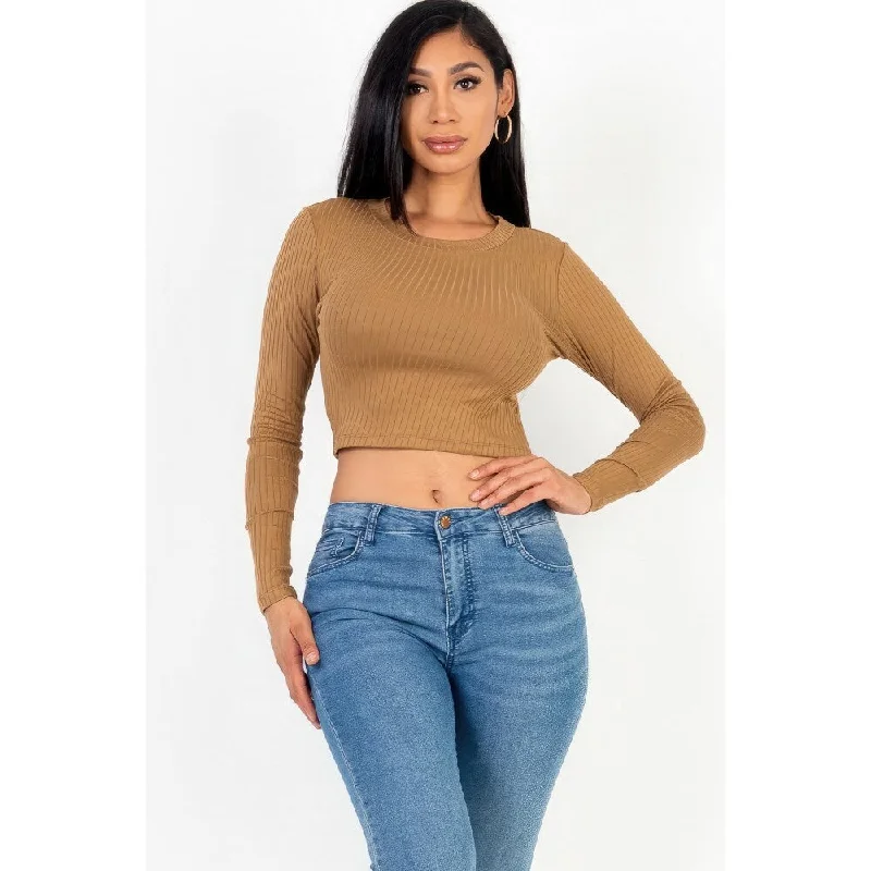 Polyester Round Neck Basic Crop Top with Long Sleeve