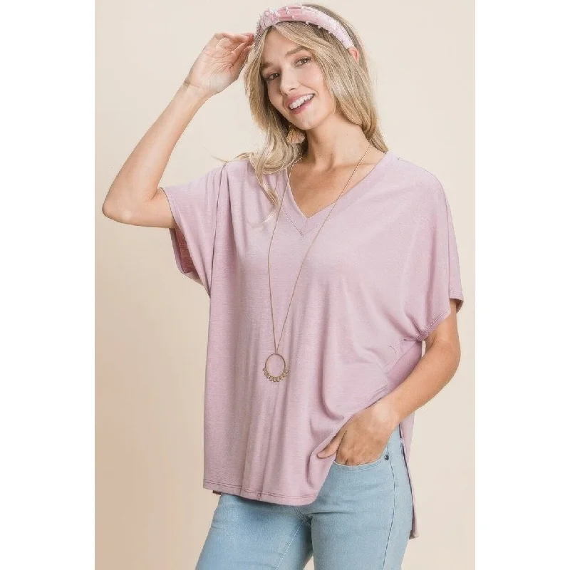 Solid V Neck Casual And Basic Top With Short Dolman Sleeves And Side Slit Hem